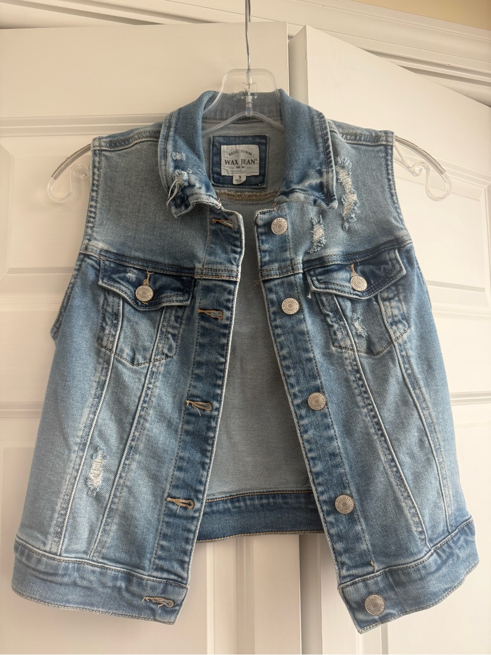 Wax Jean Distressed Light Wash Denim Vest - Size Small